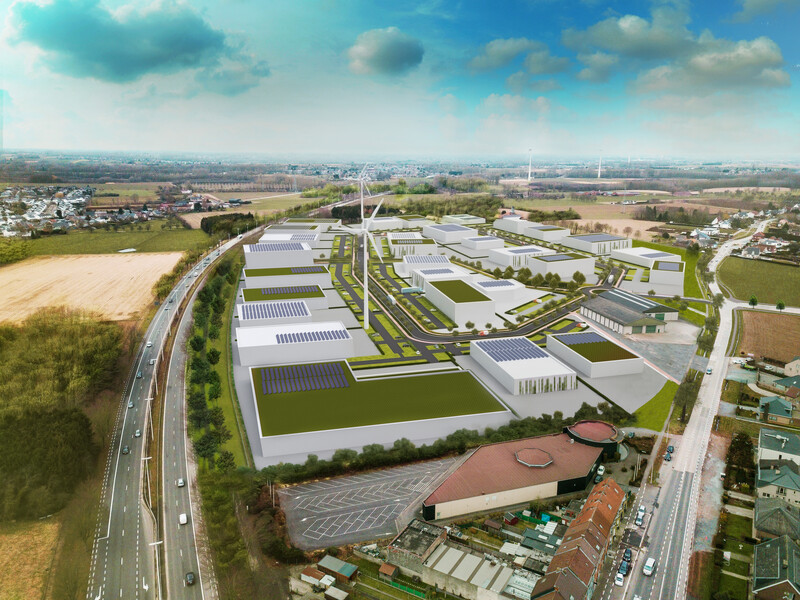 Luchtfoto van een mogelijke invulling van een industrieterrein met nieuwe bedrijven en windmolens in Ninove.