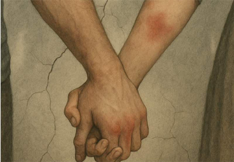 Illustratie van de armen van een man en een vrouw, die elkaars handen vasthouden. De man heeft rode knokkels en de vrouw een rode plek op de onderarm.
