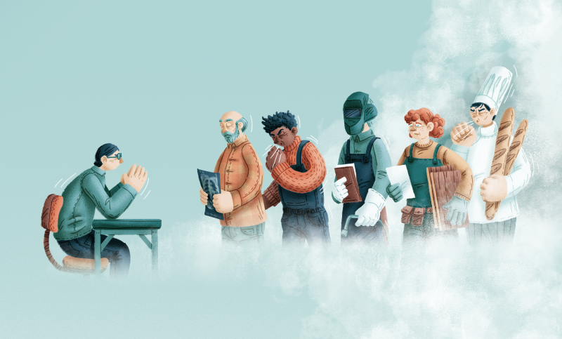 illustratie waarbij allerlei werknemers, van bakker tot houtbewerker, aanschuiven in een rij