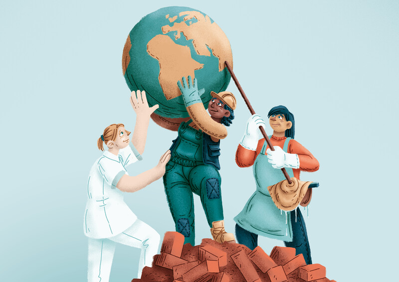 Drie vrouwen in beroepskledij houden samen een wereldbol in de lucht