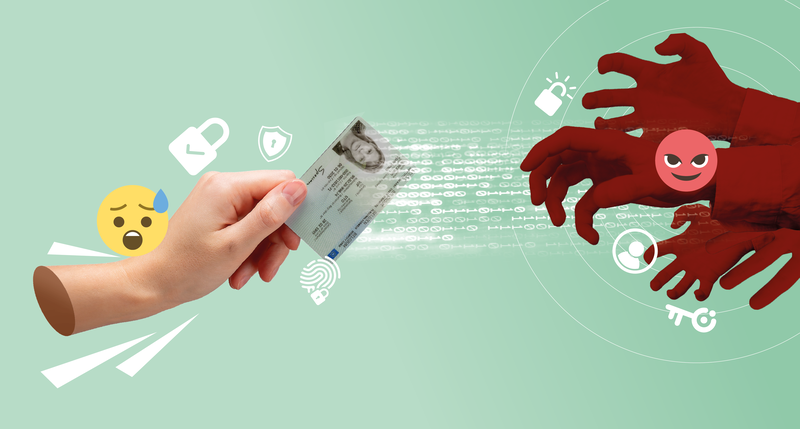 Op een illustratie zien we een hand met een identiteitskaart, aan de andere kant willen kwaadwillige handen de pas stelen. 