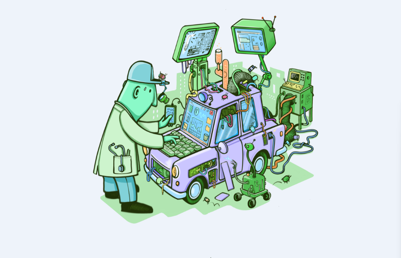 Tekening van een garagist die aan een auto werkt alsof het een ingewikkelde laptop is.