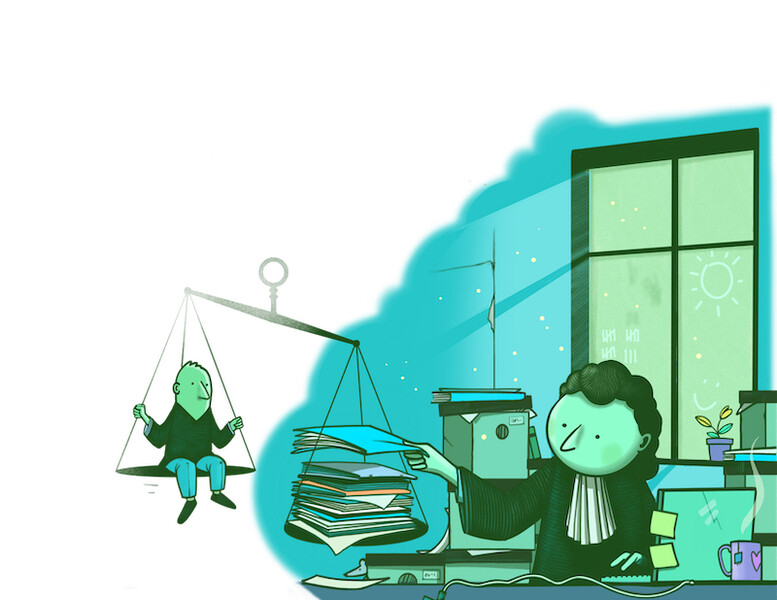 Illustratie van Griffier aan het werk die dossiers in de weegschaal legt