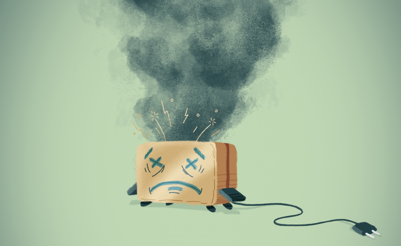 Illustratie van kapotte en rokende broodrooster