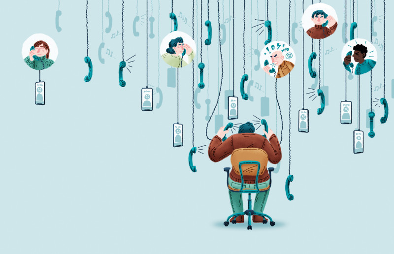 Illustratie van callcentermedewerker met heel wat wachtenden.