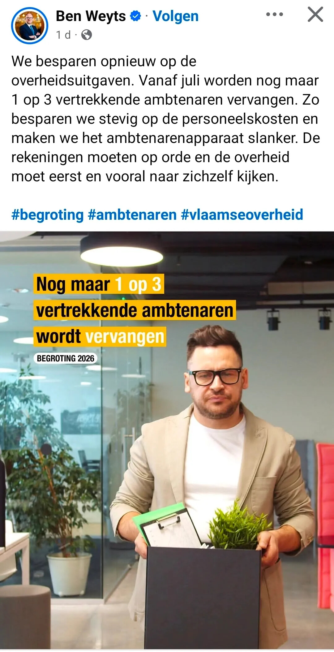 Screenshot van post van Ben Weyts