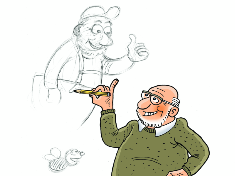 Getekende man met tekeningen