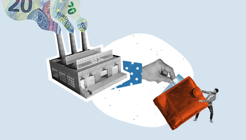 Illustratie van bedrijven die geld uit portefeuille consument halen