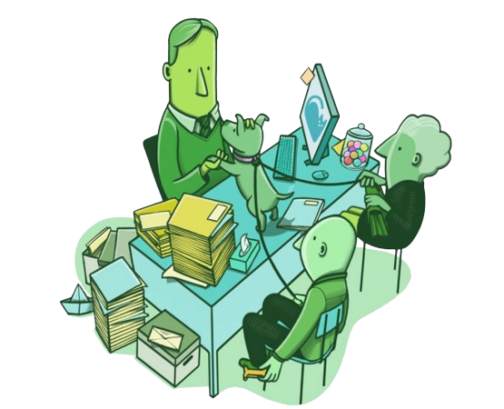 tekening van boekhouder aan tafel met twee oude mensen