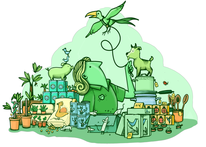 illustratie van een medewerker in het tuincentrum omgeven door dieren, voeding, bakbenodigdheden enzovoort