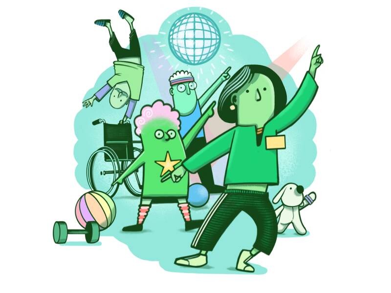 Illustratie van Rusthuisanimator met dansen bewoners woonzorgcentrum op achtergrond