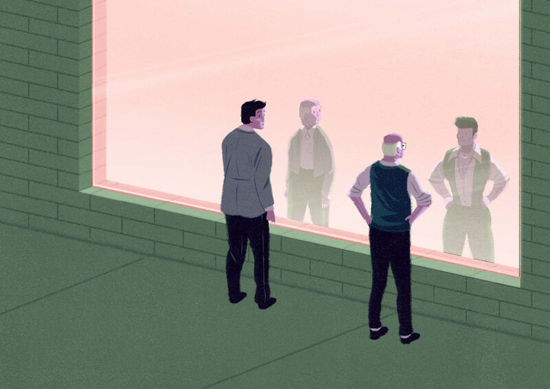 Illustratie van twee mannen die in de reflectie van een raam een jongere en oudere versie van zichzelf zien
