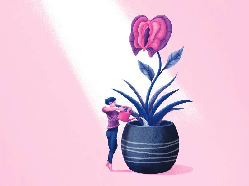 Illustratie van vrouw die plant in vorm van vagina water geeft